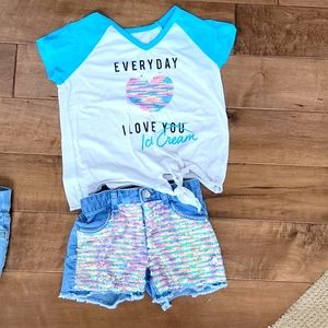Justice girls sequin denim shorts (sz 8) and sequin flip tshirt (sz 8) set